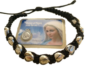 Rosary Decade Bracelet Adjustable Prayer Beige Black Brown Rope Thread Cord from Medjugorje Our Lady Heart Medal + Holy Card