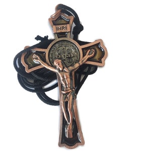 St Benedict Exorcism Crucifix: Bronze Plated Christian Pendant Necklace (2.9 inc)