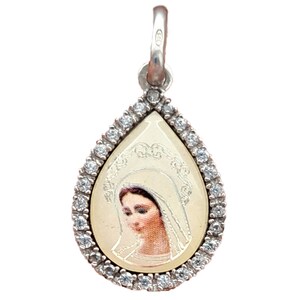 925 Sterling Silver Necklace Pendant Charm Medal With Chain Our Lady Mother Of God Tear With Zirconia Stones Medjugorje 0.75 inches