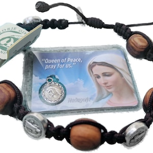 Bracciale da uomo in legno di ulivo marrone di San Benedetto, regolabile, da Medjugorje + carta