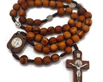 Rugged St Benedict Rosary for Men | Medjugorje Olive Wood Necklace | Paracord Protection
