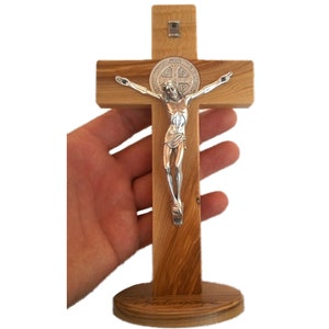 MEDJUGORJE St. Benedict OLIVE wood wall standing Handmade Cross Table Desk Crucifix 7.6 inc