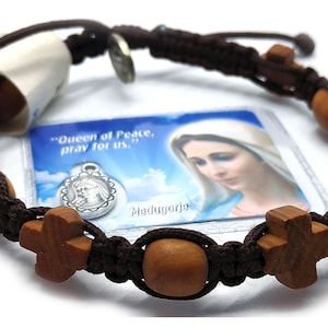 Bracciale rosario in legno d'ulivo con perline di croce cristiana marrone Bracciale rosario di preghiera regolabile Medjugorje + immagine sacra