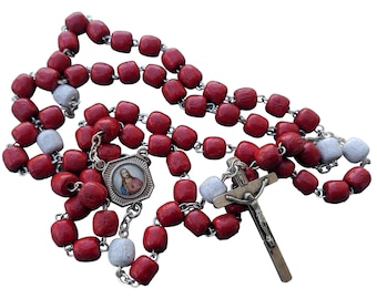 Kostbares Blut von Jesus Christus Rosenkranz- Rotes Herz Holzperlenkranz Perlen Medjugorje + Beutel