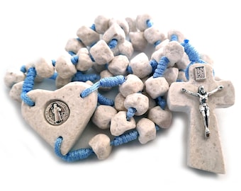 St Saint Benedict Rosary HANDMADE Of Stone Catholic Blue Rosaries From Medjugorje 17.5'' + BAG