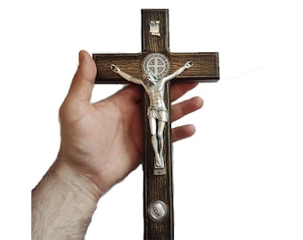 St Saint Benedict Wall Hanging cross crucifix HANDMADE of wood 12 inches 10 inches and 4.7 inches From Medjugorje