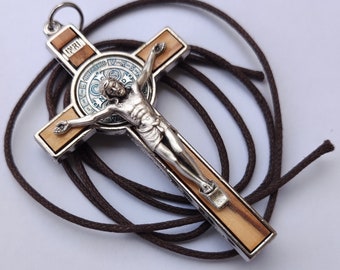 St Saint Benoît Olivier Bois Métal Crucifix Croix Christian Pendentif Collier 3''