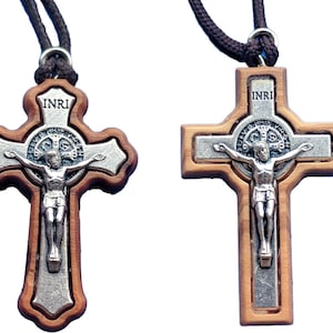 St Saint Benedict Crucifix Cross Olive Wood Catholic Pendant Necklace 1.55 inc
