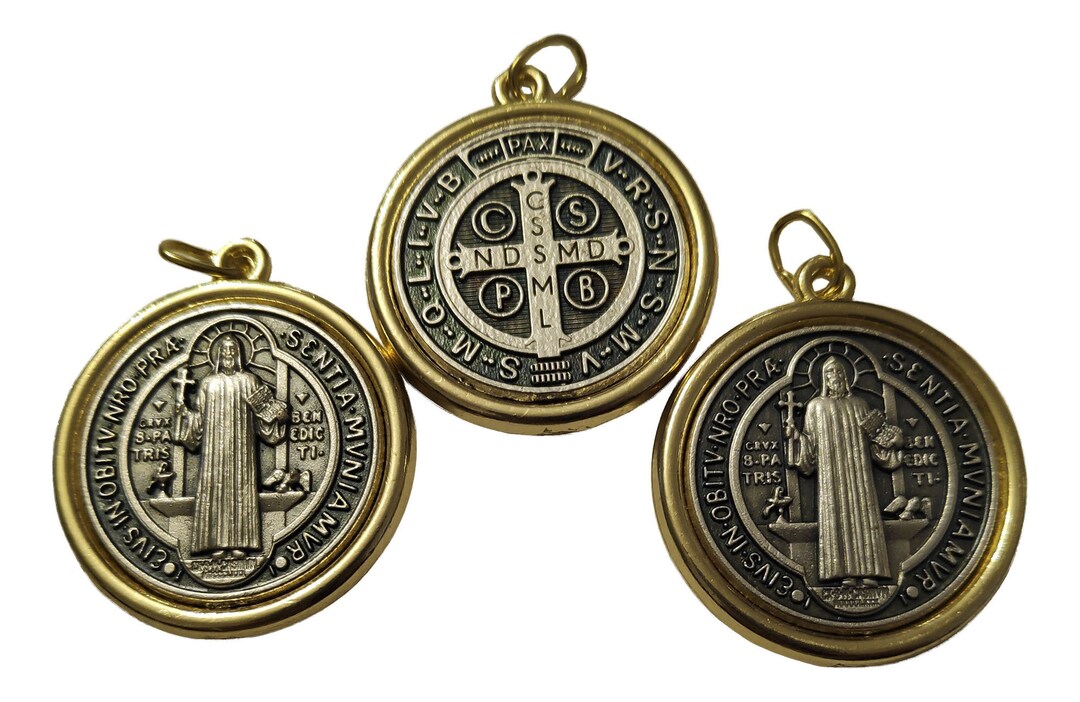 LOT SET OF 3 St Benedict Pendant Medal Silver Gold Plated Silver Gold ...