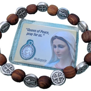 Bracciale regolabile in legno d'ulivo di San Benedetto da donna Medaglie di Benedetto + Immagine sacra da Medjugorje