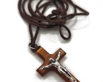 Collar pequeño con cruz de madera de olivo - Crucifijo de plata italiano con colgante de cordón de paracord