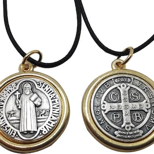 St Saint Benedict Silver Gold Tone Plated Pendant Medal 0.9 inc With Black Rope