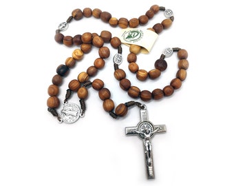Rosario de San Benito de madera de olivo: Cuentas de oración católicas para hombre, 47 cm (18,5 pulgadas)