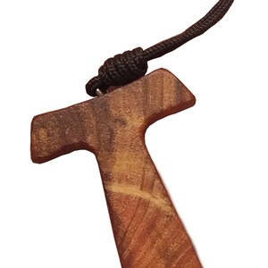 Tau Cross Pendant - 1.1 Inch Olive Wood Crucifix With Rope Necklace Cord - View #3