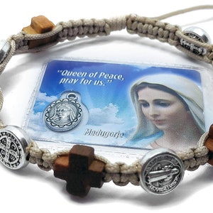 Braccialetto regalo in legno di ulivo marrone di San Benedetto, misura regolabile, da Medjugorje, con croci + biglietto