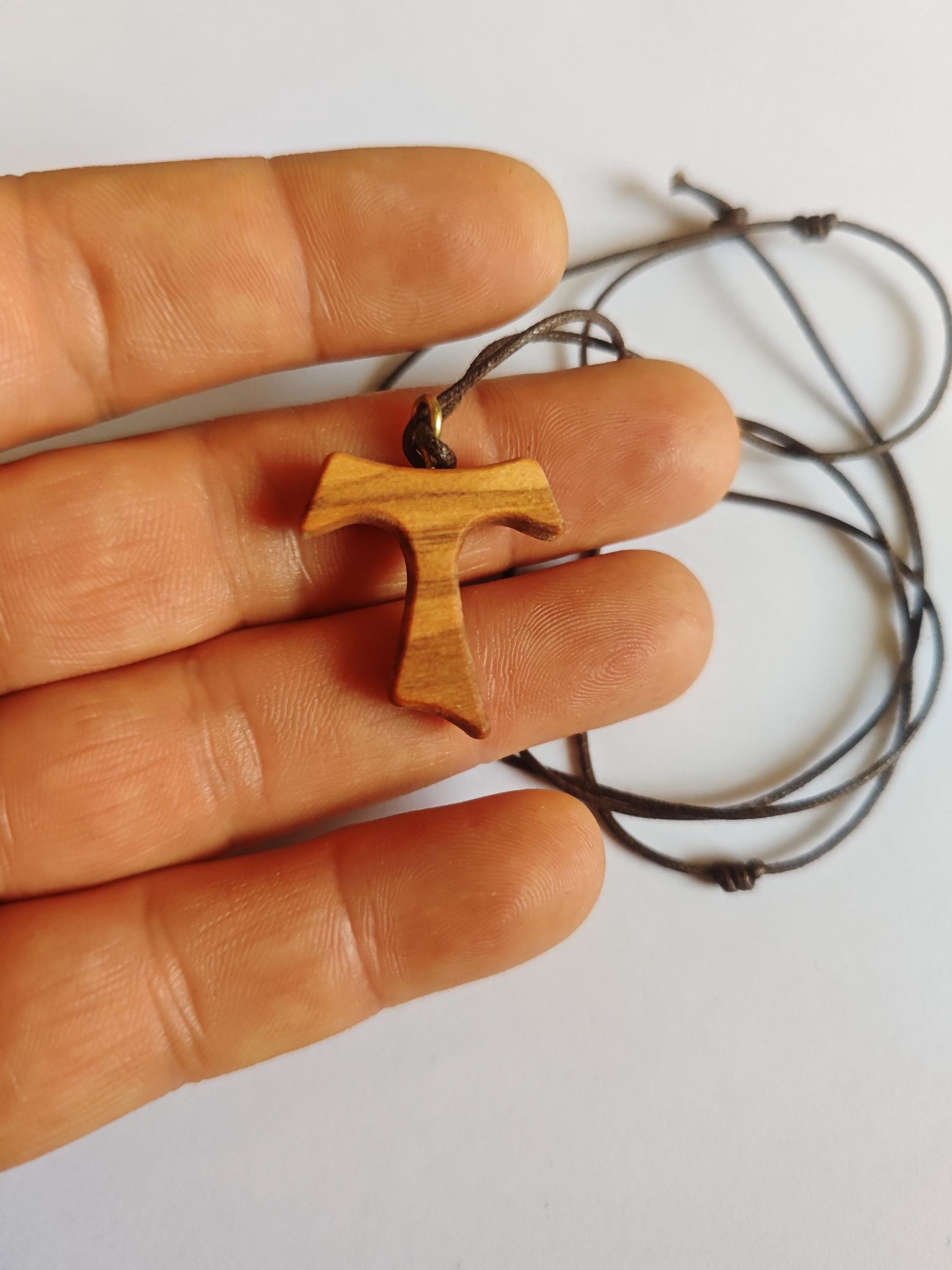 Tau Cross Pendant - 1.1 Inch Olive Wood Crucifix With Rope Necklace Cord - View #7