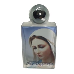 Glazen fles voor heilig water uit Medjugorje met afbeelding van Onze-Lieve-Vrouw