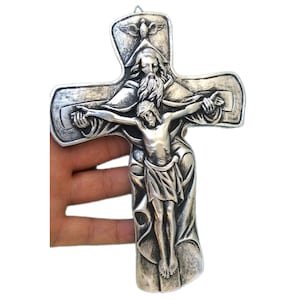 Silber Wandkreuz der Heiligen Dreifaltigkeit - Vater, Sohn, Heiliger Geist - 19,5 cm
