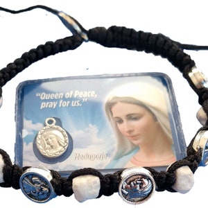 Rosario Decade Bracciale Perline di pietra Preghiera regolabile Beige Nero Marrone Corda Filo Cordino da Medjugorje Nostra Signora Gesù Medaglia + Santino