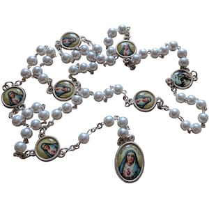 Coroncina dei Sette Dolori - Rosario cattolico bianco con medaglia della Madonna Dolorosa + borsa