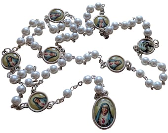 Seven Sorrows Chaplet Rosary - Catholic White Prayer Beads Mater Dolorosa Medal + Bag