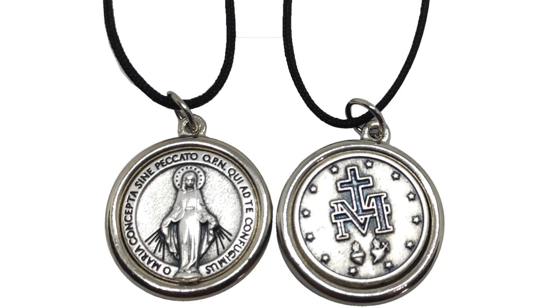 Miraculous Medal Necklace Our Lady Silver Tone Plated Pendant Charm 0.9 ...