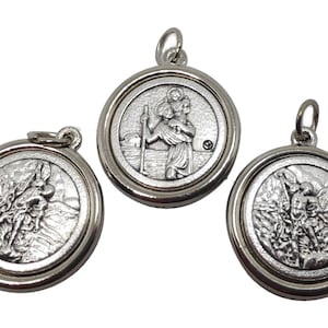 LOT SET 3 Medal St Saint Michael St Christopher Pendant Silver Plated 1.2&#39;&#39;