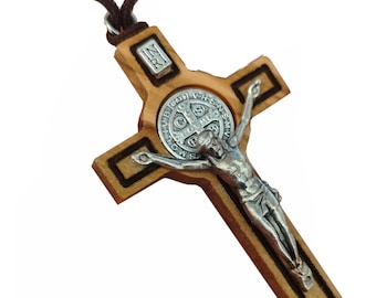 St Benedict Olive Wood Crucifix Necklace | Protection Pendant Cross in 3 Sizes | Italy