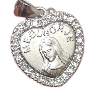 Sterling Silver Our Lady of Medjugorje Heart Pendant Necklace with Zirconia