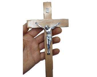 Wall Hanging cross crucifix made of wood 8'' color light brown