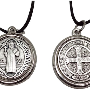 St Saint Benedict Silver Tone Plated Hanger Medaille 0.9 inc Met Zwart Touw
