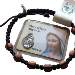 Bruine olijfhouten gebedsarmband voor dames uit Medjugorje Onze-Lieve-Vrouw Jezusmedaille + heilige kaart