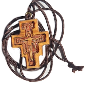 San Damiano Kreuz St. Francis Kreuz aus Olivenholz mit Halskette Seil 1,7 und 1,57 Zoll