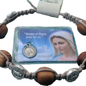 Bracciale da uomo in legno di ulivo marrone di San Benedetto, regolabile, da Medjugorje + carta