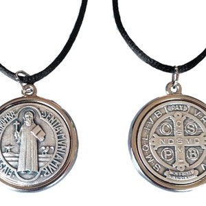 St Saint Benedict Silver Tone Plated Pendant Medal 1.2 inc With Black Rope