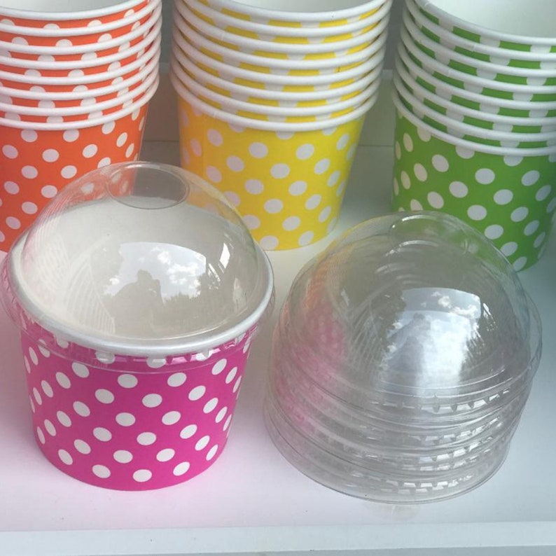50-12OZ Ice Cream Paper Cups Lids Birthday Party Polka Dot Tableware