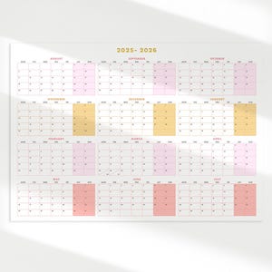 Calendario de pared 2025-2026, calendario de una página, horizontal, inicio en lunes, 50 x 70 cm (18 x 24 pulgadas), póster grande de mitad de año.