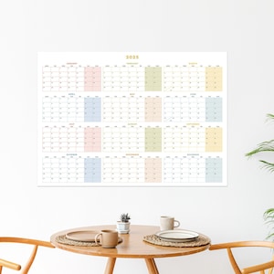 Calendario de pared en colores pastel 2025 / Planificador anual grande de 50 x 70 cm / Diseño mensual en caja