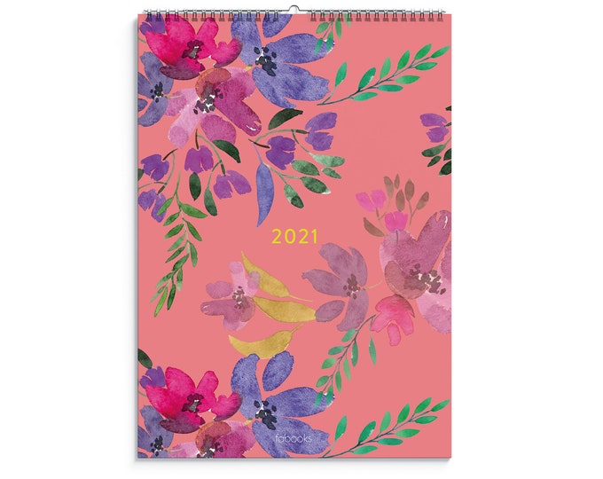 2021 Monthly Wall Calendar Watercolour Flowers, 2021 Wall Planner, Wall