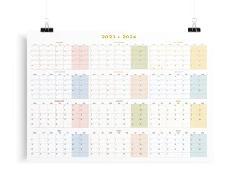 Academic Year Planner Calendar, 2023-2024 Yearly Organiser, Landscape, Minimal Design, 50x70 cm / 18 x 24 inches
