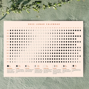 Maanwandkalender 2025, maanfaseposter met rituele gidsen, blush, A3-formaat