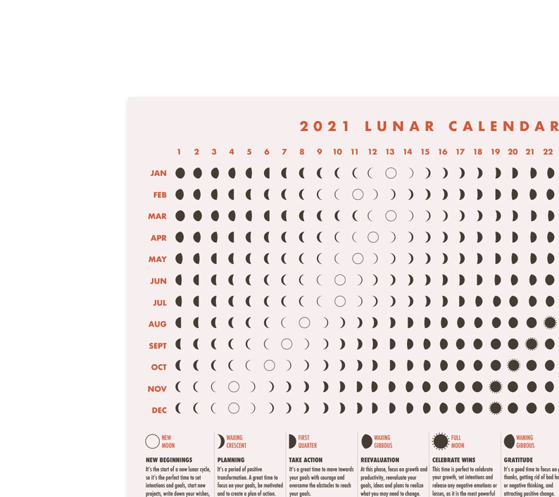 2021 Lunar Calendar Printable Moon Calendar Moon Phases Etsy