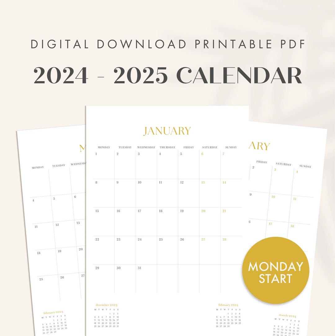 Printable Midyear Minimalist Gold Wall Calendar 2024 2025, August