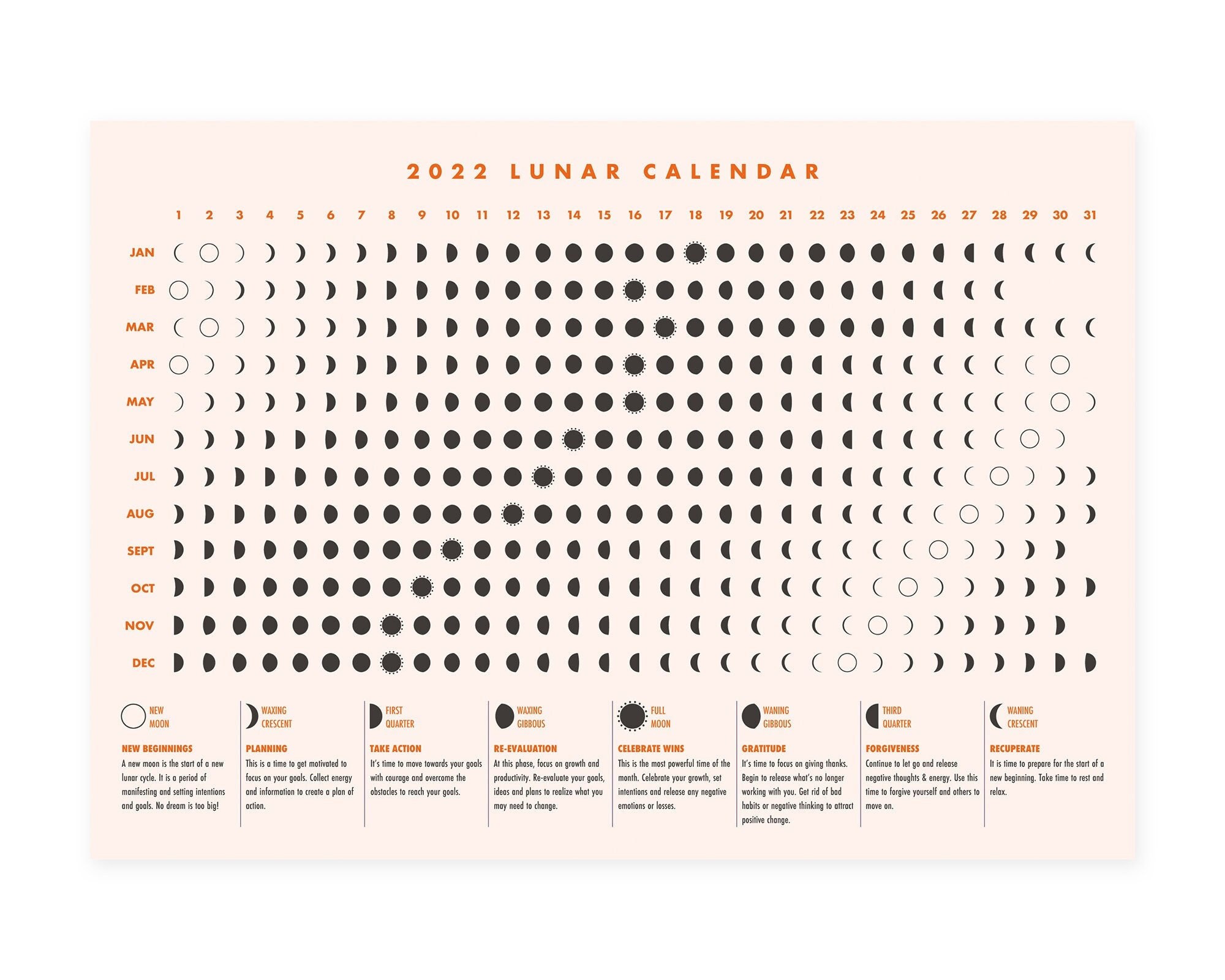 printable 2022 lunar calendar 2022 printable moon calendar etsy ireland