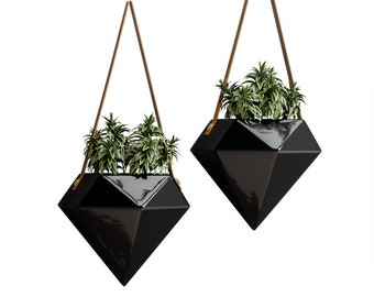 Priene HOME | Geometric Ceramic Hanging Planter | Set of 2 (Black) | Modern Indoor Home Wall Decor Succulent Pots Air Plants Holder