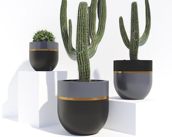 Black & Gray Plant Pots with Drainage Holes Large Planter for Indoor and Outdoor Plants - Concrete Flower Pot With Gold Accent