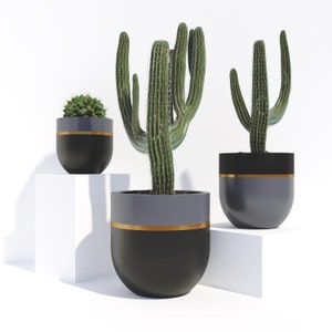 Black & Gray Plant Pots with Drainage Holes Large Planter for Indoor and Outdoor Plants - Concrete Flower Pot With Gold Accent
