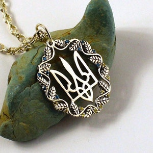 Ukrainian Trident Silver Pendant with Cubic Zirconia and Leafy Wreath