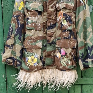 Upcycled Camo Jacket with Ostrich Feathers, Military Jacket, Camo Fashion, Camo Chic: Original Camo Jacket Revisited Fashion Style