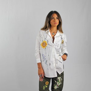 Women&#39;s Hand Painted Long Sleeve Decorated Shirt, Floral Style, Elegance for a Casual Chic and Versatile Style